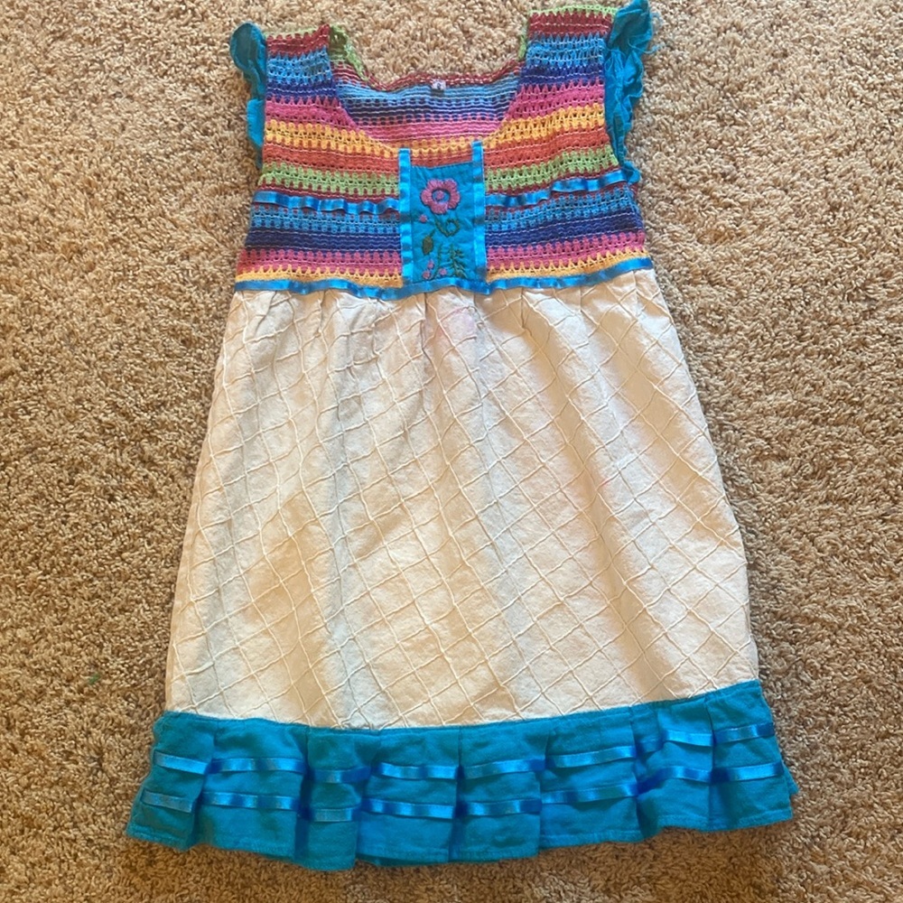 Girls' Multicolor Crochet Bodice White Dress with Turquoise Trim